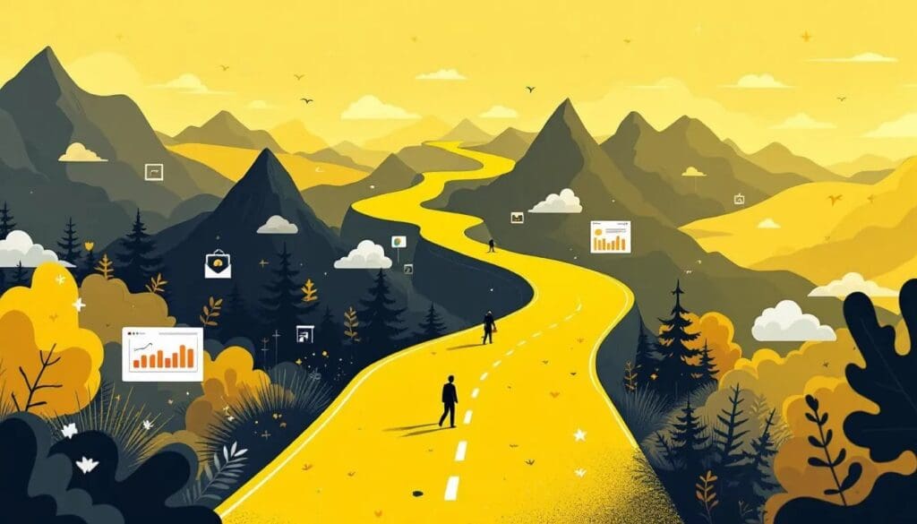 An abstract but clear illustration of a long road stretching forward with e‑commerce icons like a shopping cart, analytics charts, and product images along the path, symbolizing the long game of online growth.